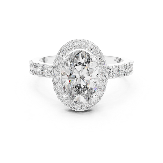 Oval Shape Halo Diamond Ring With Side Round Diamonds | 18K