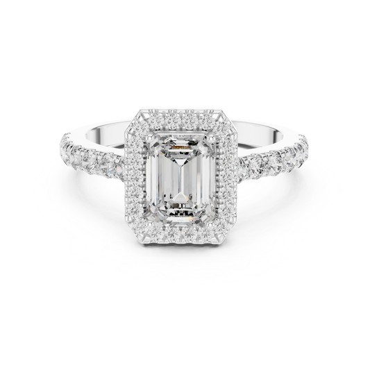Emerald Cut Diamond Halo Ring with Pave Band | Iced to Perfection