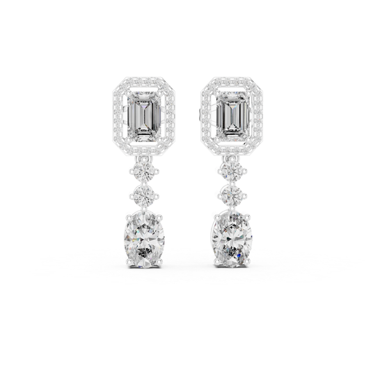 Emerald Cut Halo Drop Diamond Earrings | Luxury Dangle Style