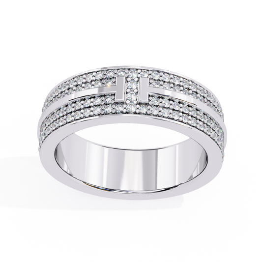 Pave diamond band with T motif in white gold