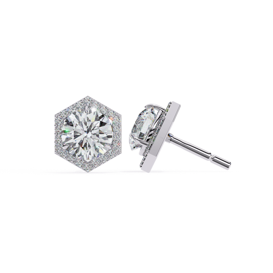 Classic white gold hexagonal stud earrings with a brilliant round-cut diamond, surrounded by a halo of smaller diamonds for a refined and elegant look.