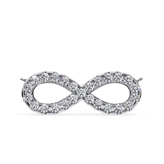 White gold infinity-shaped brooch adorned with round diamonds along its edges.