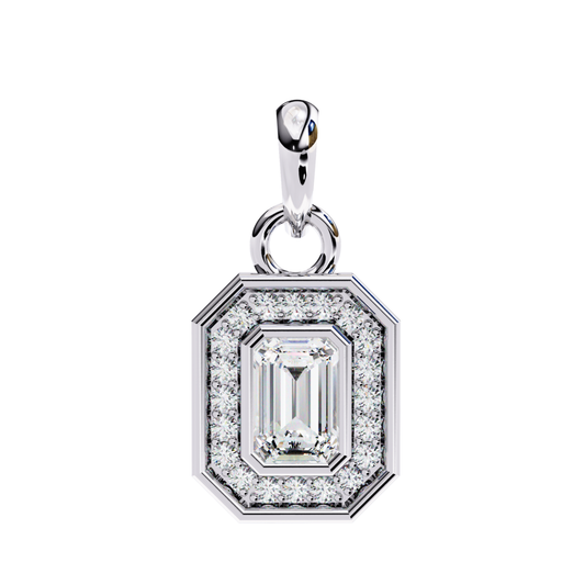 White gold pendant with an emerald-cut diamond bordered by two layers of pave-set round diamonds.