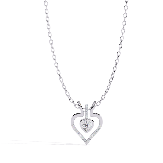 straight front view white gold heart pendant with heart cut diamond centerpiece and round brilliant diamonds set in curved heart frame design