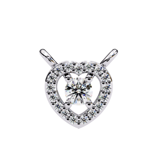 Brilliant round diamond solitaire set inside a heart-shaped halo of smaller diamonds, crafted in white gold.