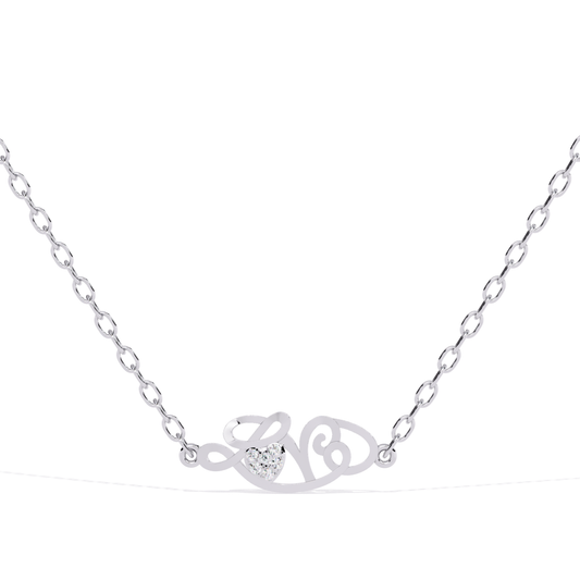 Front view of a white gold script-style love pendant with chain a heart-shaped diamond placed in the middle.