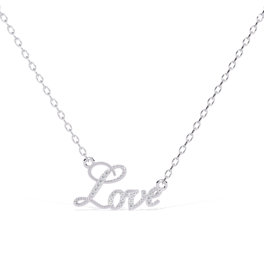 White gold love name necklace featuring a cursive design with stone detailing