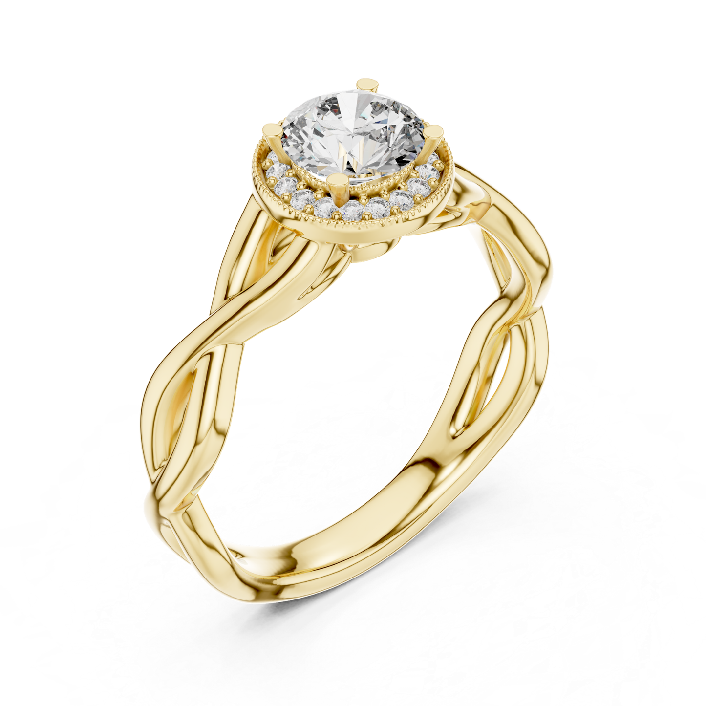 Round Halo Diamond Ring With Twisted Band Design | 18K Gold