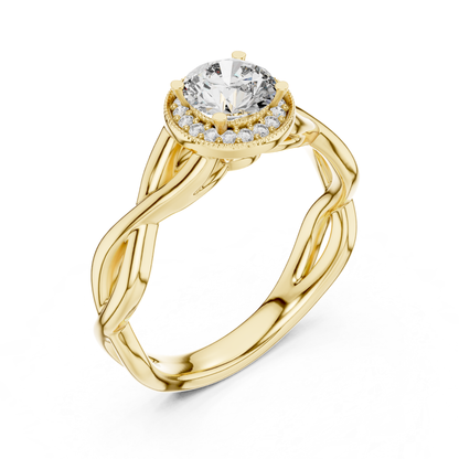 Round Halo Diamond Ring With Twisted Band Design | 18K Gold