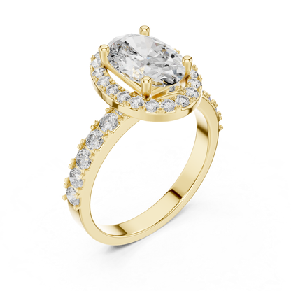 Oval Shape Halo Diamond Ring With Side Round Diamonds | 18K