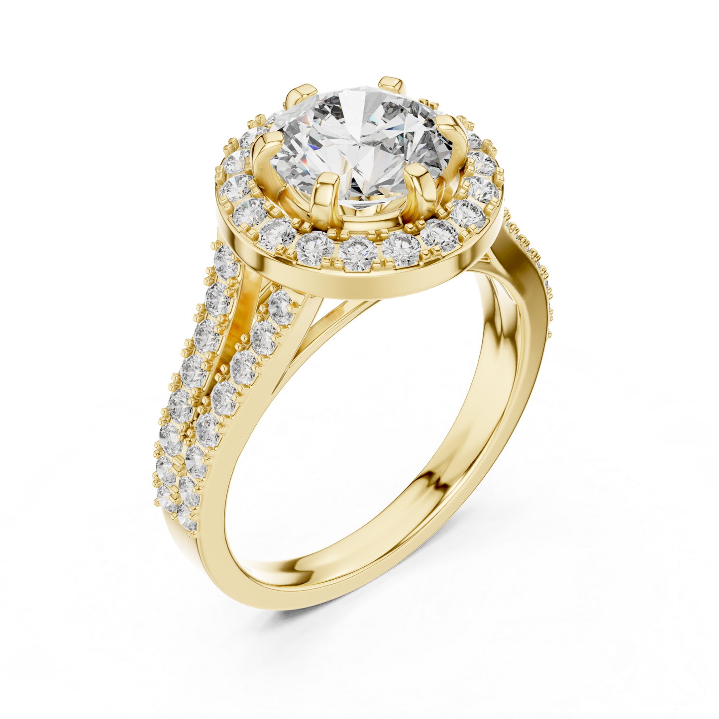 Round Halo Diamond Ring With Double Row Side Diamonds | 18K
