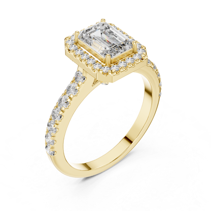 Emerald Cut Diamond Halo Ring with Pave Band | Iced to Perfection
