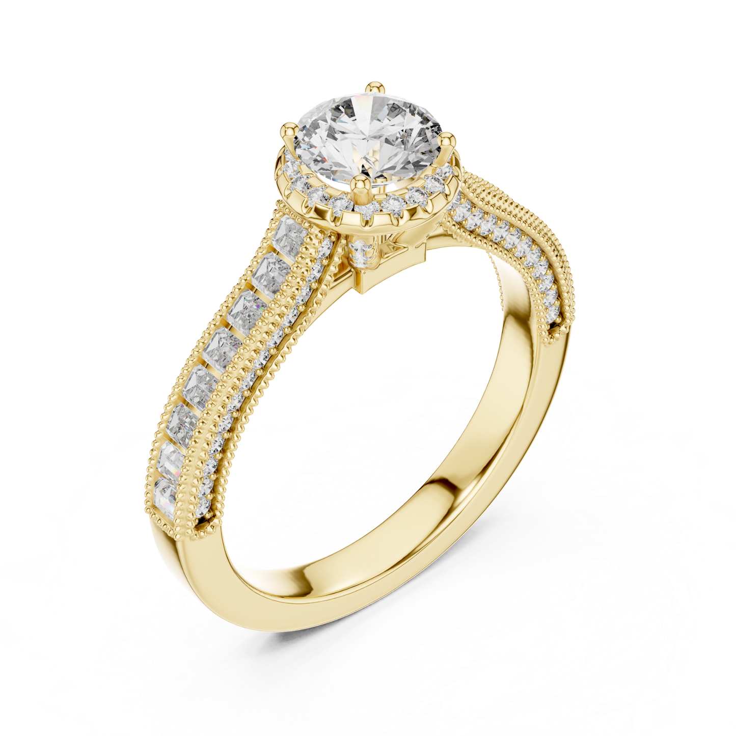 Round Diamond Ring With Baguette Side Stones Band | 18K Gold