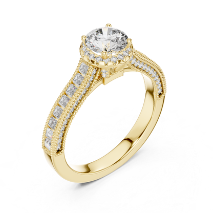 Round Diamond Ring With Baguette Side Stones Band | 18K Gold