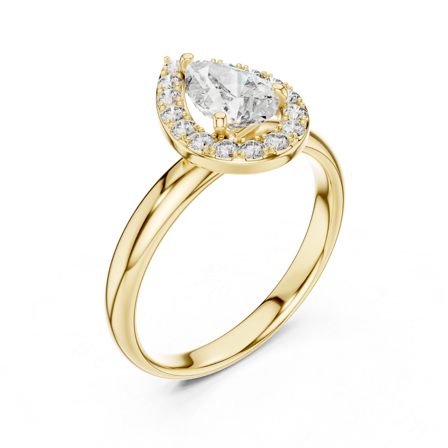 Pear Shape Halo Diamond Ring With Round Accent Stones | 18K
