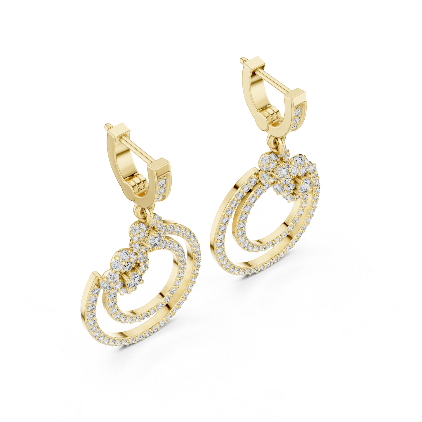 Double Circle Diamond Drop Earrings with Floral Accent | Modern Luxury