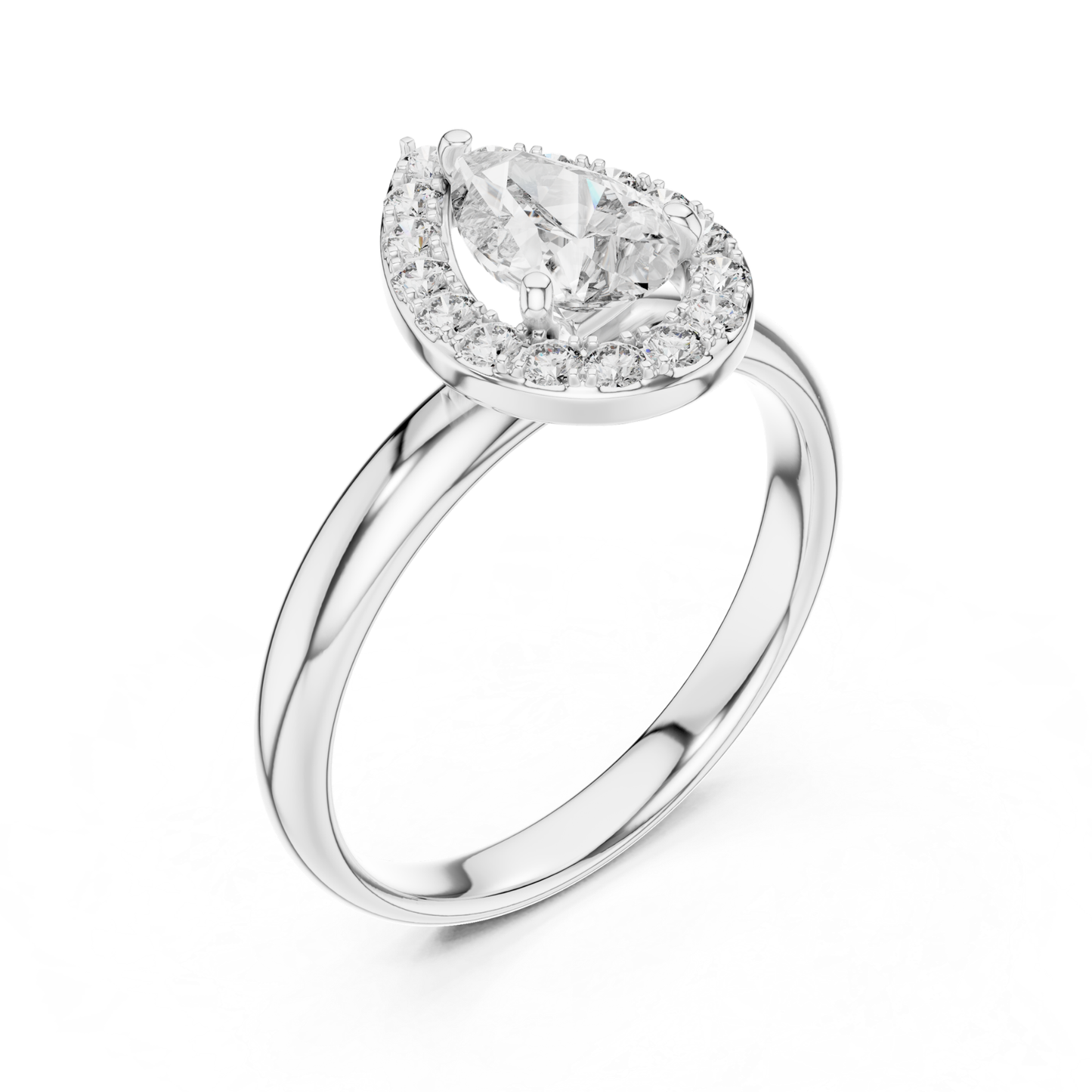 Pear Shape Halo Diamond Ring With Round Accent Stones | 18K