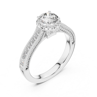 Round Diamond Ring With Baguette Side Stones Band | 18K Gold