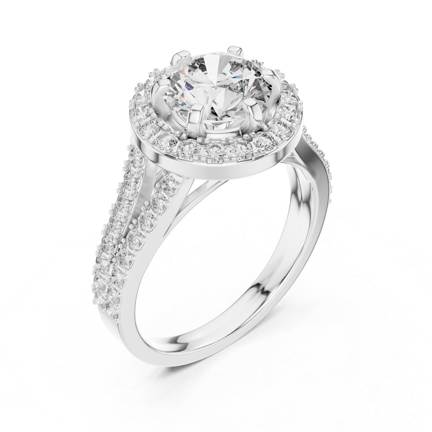 Round Halo Diamond Ring With Double Row Side Diamonds | 18K