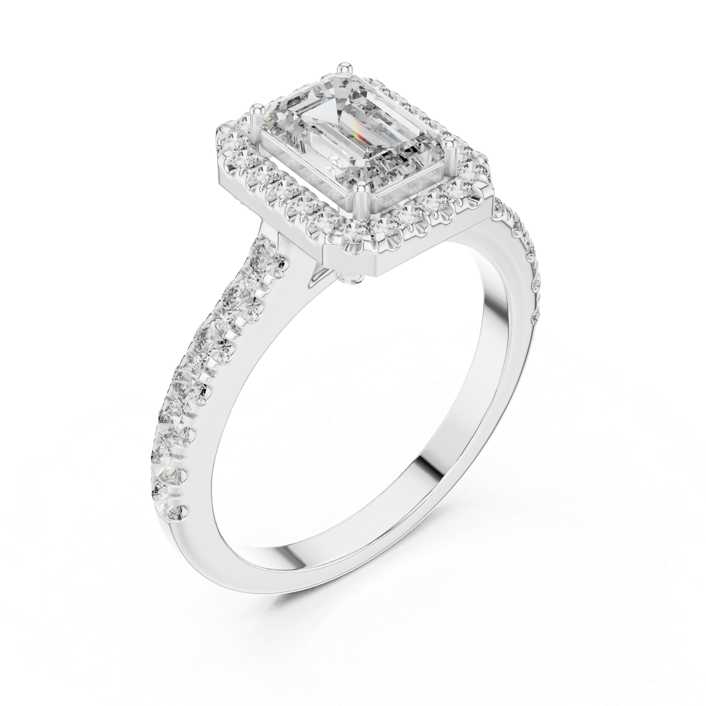 Emerald Cut Diamond Halo Ring with Pave Band | Iced to Perfection