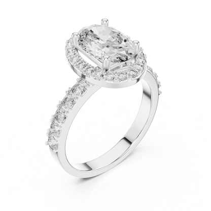 Oval Shape Halo Diamond Ring With Side Round Diamonds | 18K