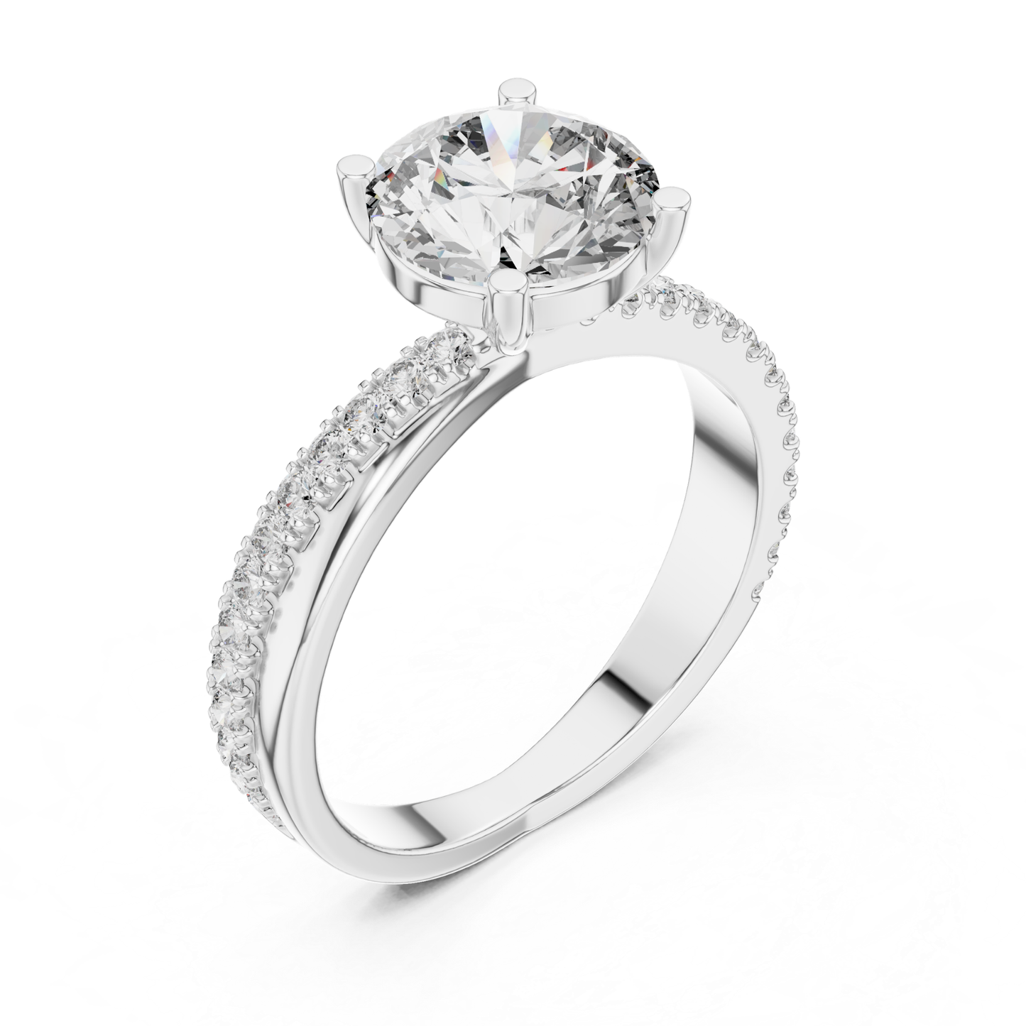 Round Brilliant Solitaire Diamond Ring with Pave Band | Timeless Luxury