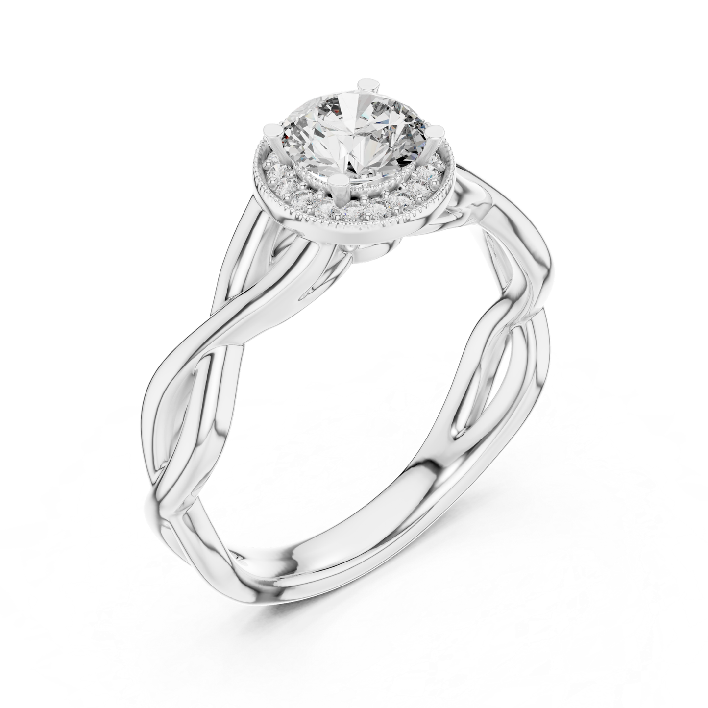 Round Halo Diamond Ring With Twisted Band Design | 18K Gold