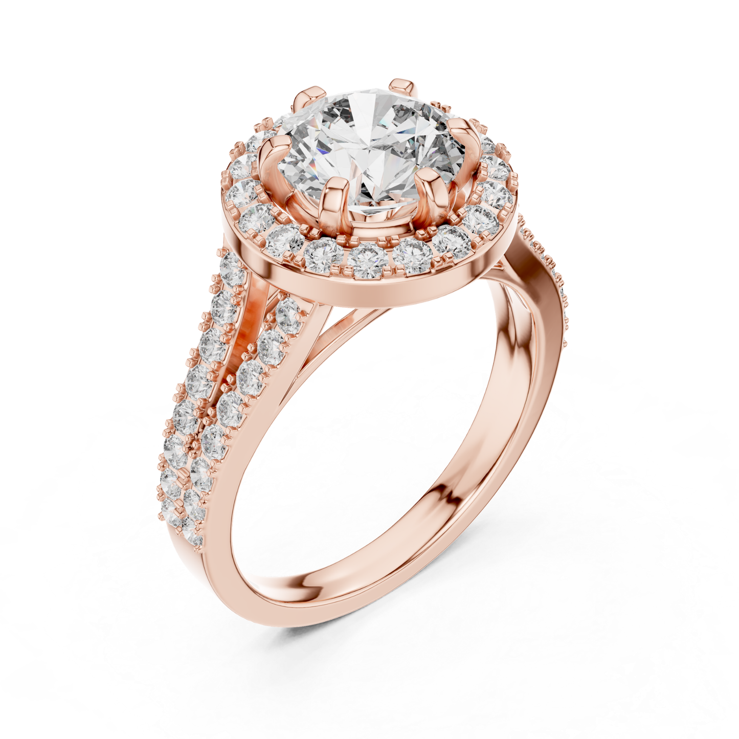 Round Halo Diamond Ring With Double Row Side Diamonds | 18K