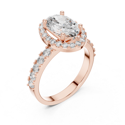 Oval Shape Halo Diamond Ring With Side Round Diamonds | 18K