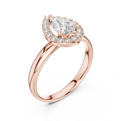Pear Shape Halo Diamond Ring With Round Accent Stones | 18K
