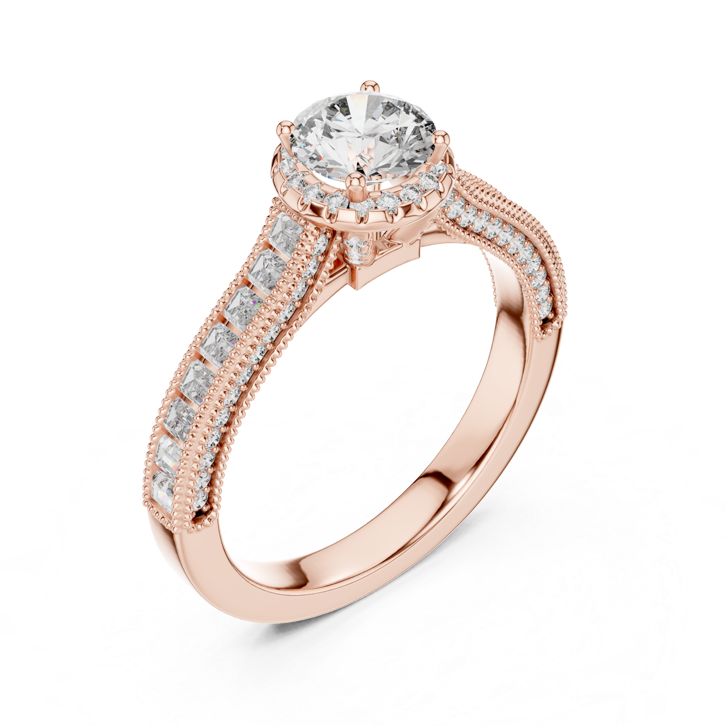 Round Diamond Ring With Baguette Side Stones Band | 18K Gold
