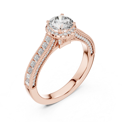 Round Diamond Ring With Baguette Side Stones Band | 18K Gold