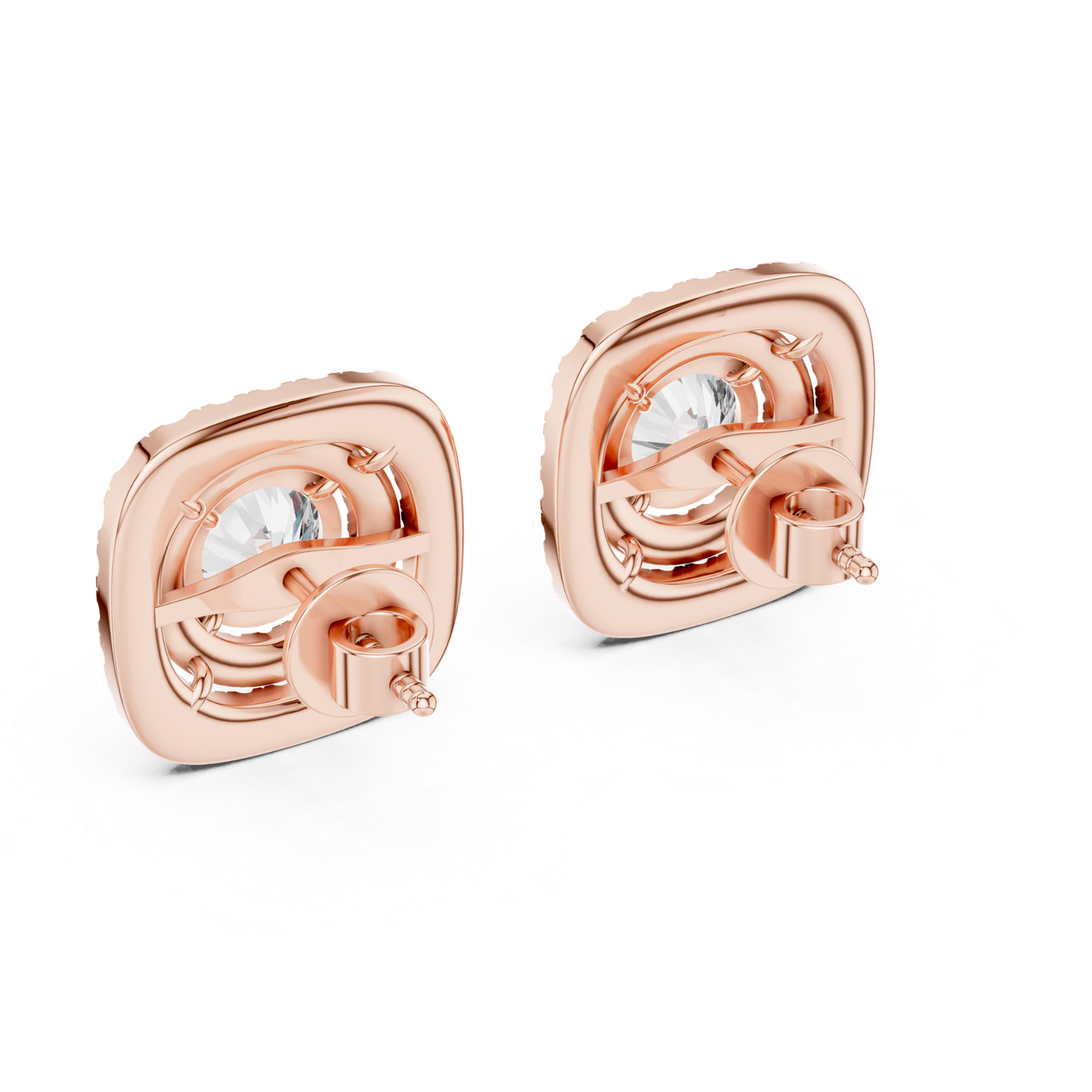 Runde Diamant-Ohrstecker mit doppeltem Halo und Krappenfassung | 18K Gold