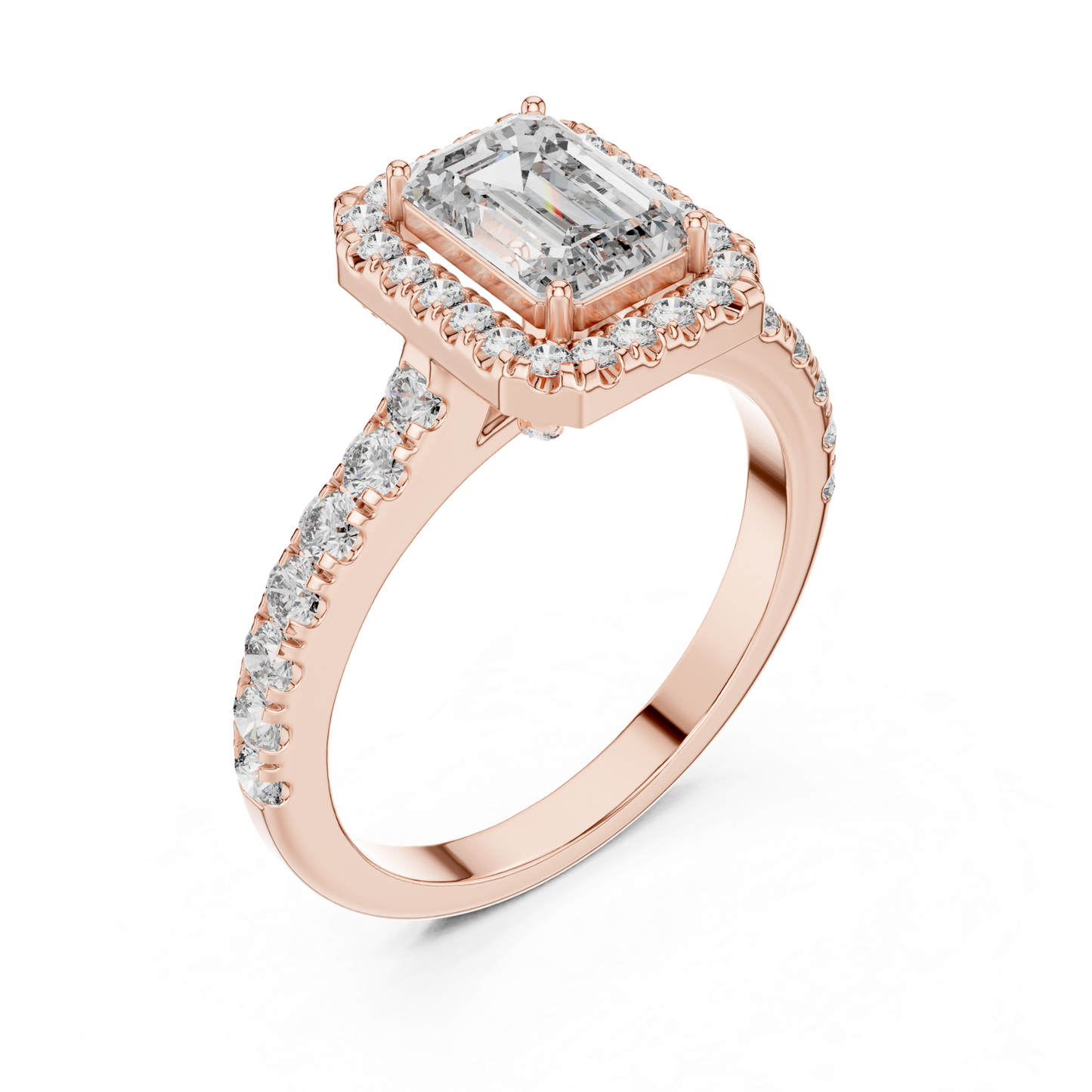 Emerald Cut Diamond Halo Ring with Pave Band | Iced to Perfection