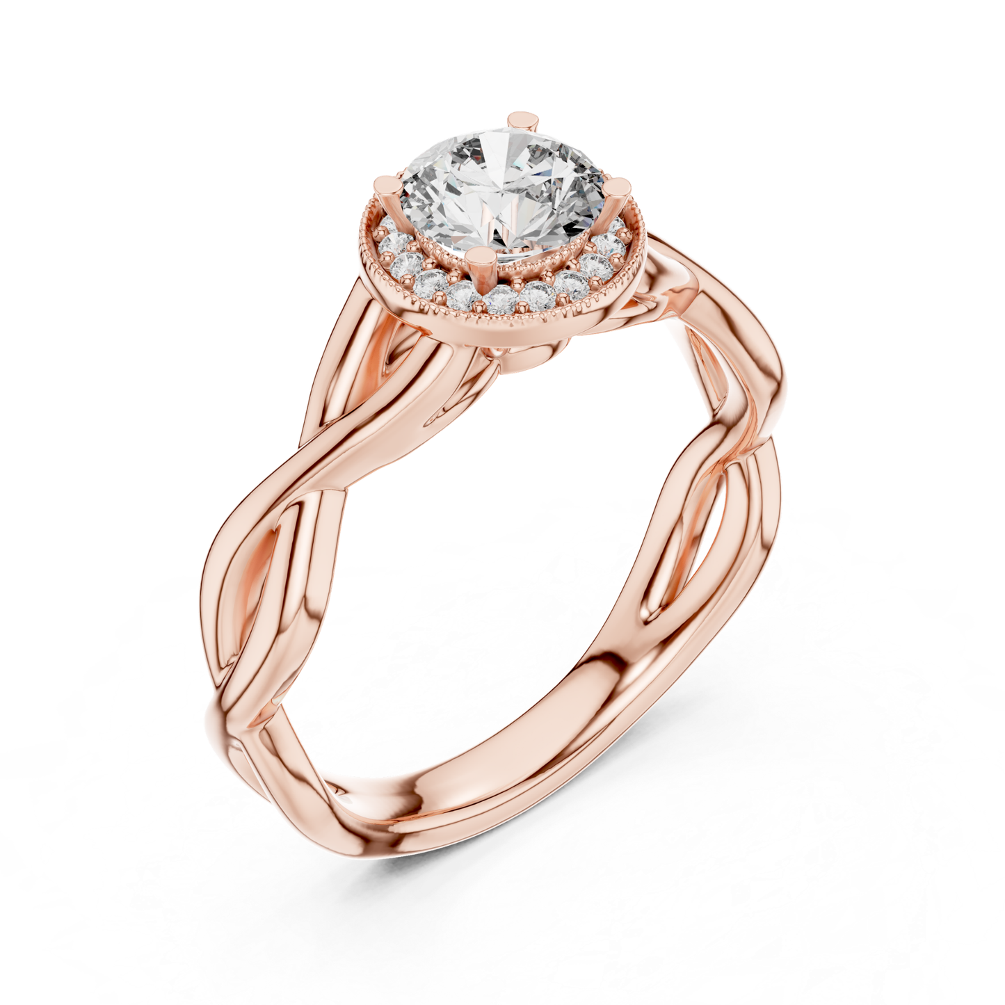 Round Halo Diamond Ring With Twisted Band Design | 18K Gold