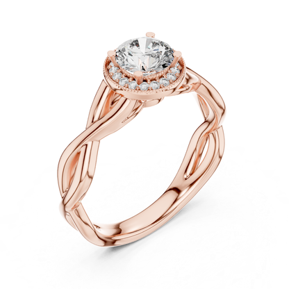 Round Halo Diamond Ring With Twisted Band Design | 18K Gold