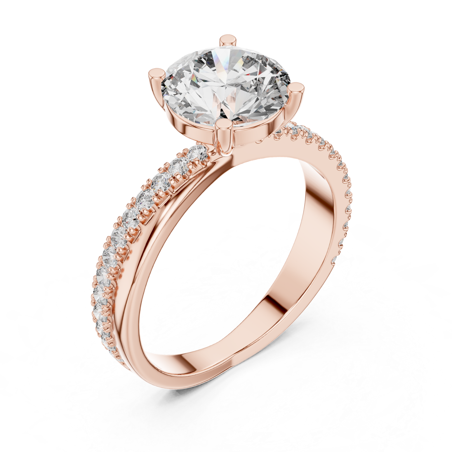 Round Brilliant Solitaire Diamond Ring with Pave Band | Timeless Luxury