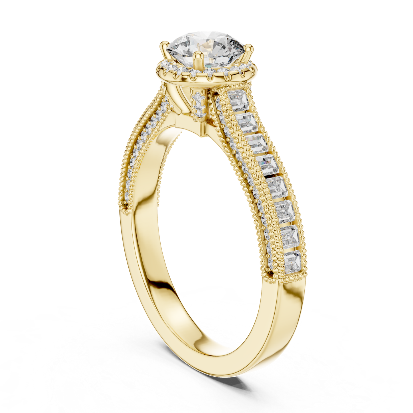 Round Diamond Ring With Baguette Side Stones Band | 18K Gold