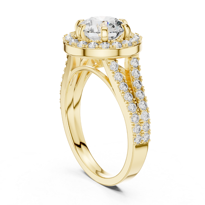 Round Halo Diamond Ring With Double Row Side Diamonds | 18K