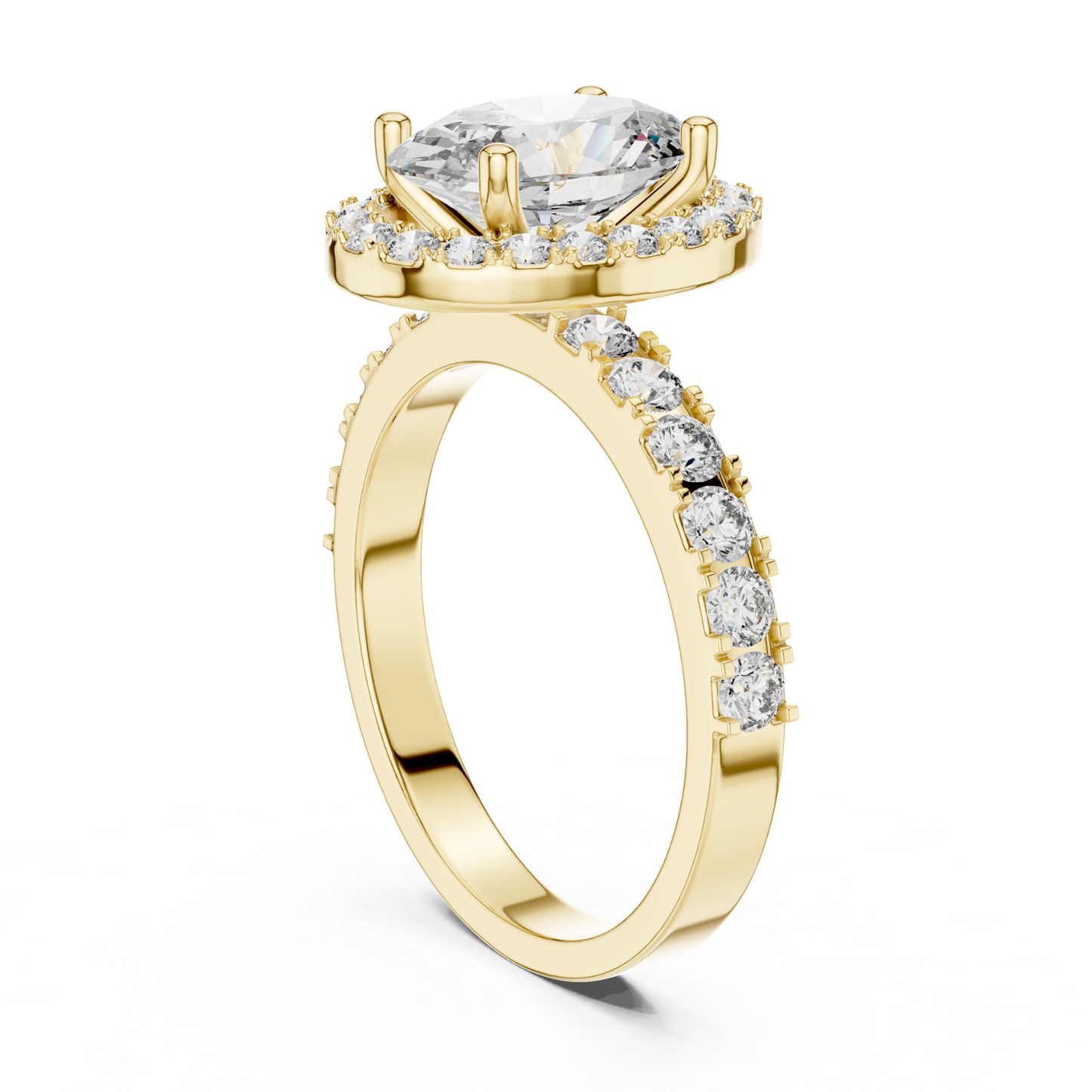 Oval Shape Halo Diamond Ring With Side Round Diamonds | 18K