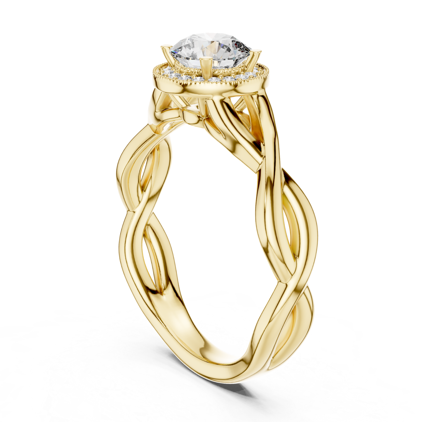 Round Halo Diamond Ring With Twisted Band Design | 18K Gold