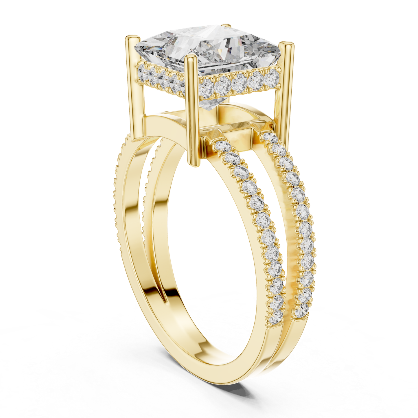 Princess Cut Split Shank Diamond Ring | Luxury Gold Style