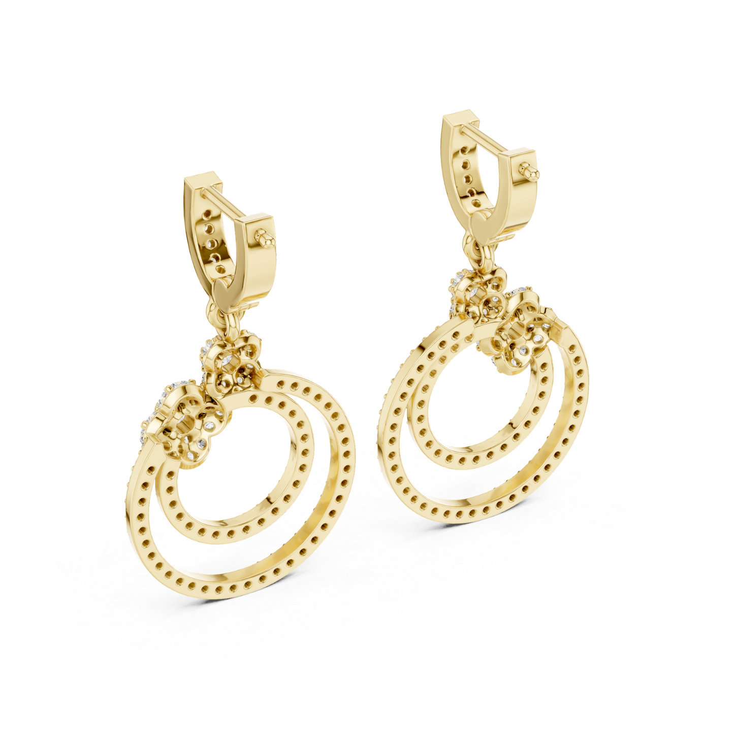 Double Circle Diamond Drop Earrings with Floral Accent | Modern Luxury