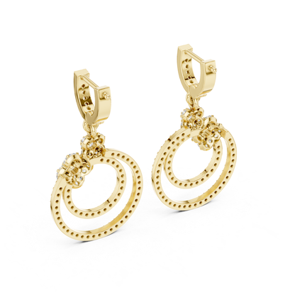 Double Circle Diamond Drop Earrings with Floral Accent | Modern Luxury