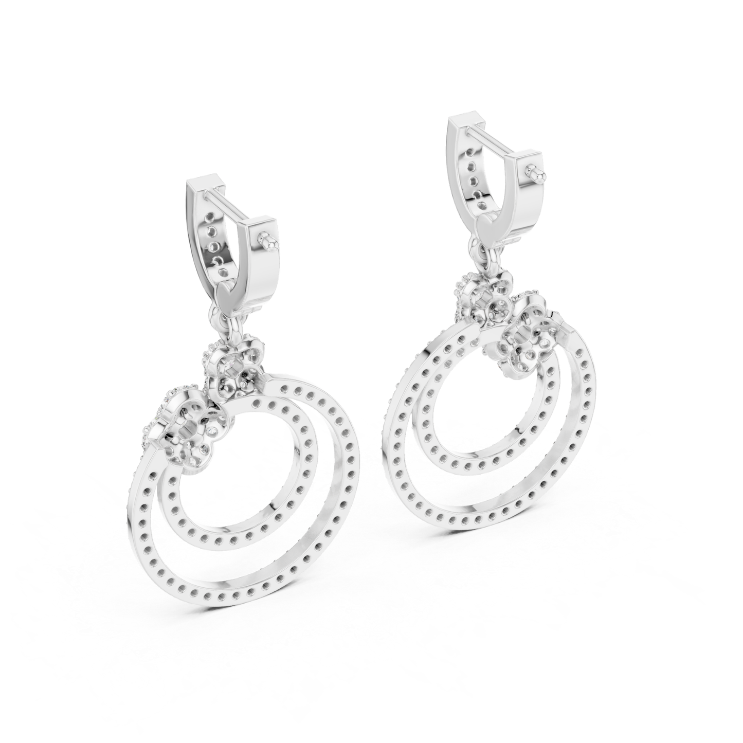 Double Circle Diamond Drop Earrings with Floral Accent | Modern Luxury