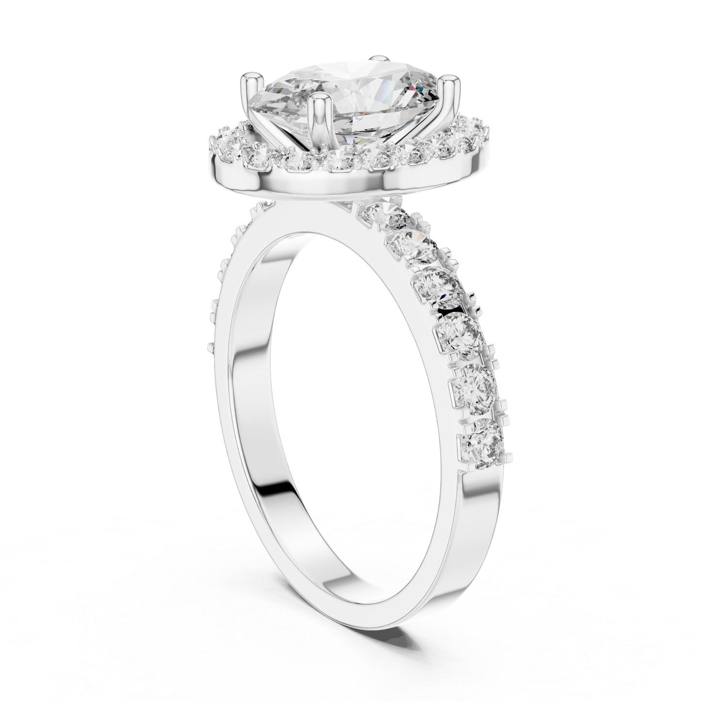 Oval Shape Halo Diamond Ring With Side Round Diamonds | 18K