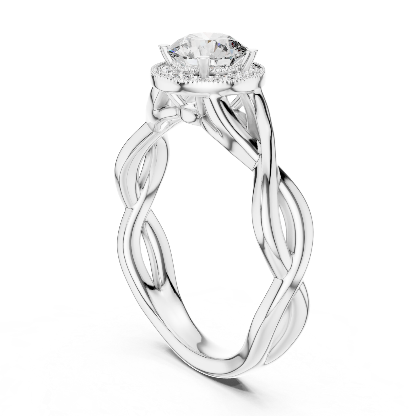 Round Halo Diamond Ring With Twisted Band Design | 18K Gold