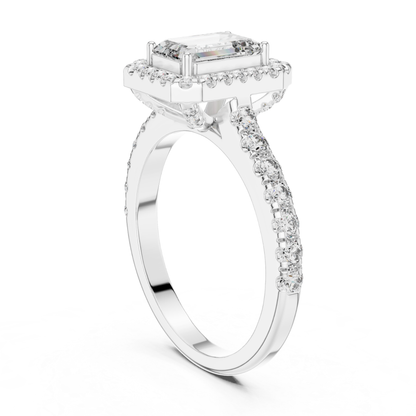 Emerald Cut Diamond Halo Ring with Pave Band | Iced to Perfection