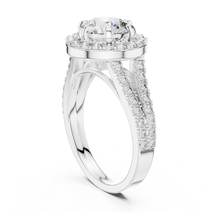 Round Halo Diamond Ring With Double Row Side Diamonds | 18K