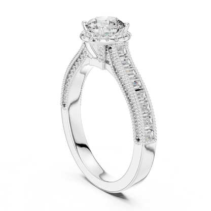 Round Diamond Ring With Baguette Side Stones Band | 18K Gold